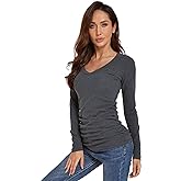 AmélieBoutik Women V Neck Raglan Long Sleeve Ruched Sides Top