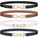 4 Pack Women Skinny Elastic Belts Gold Buckle Thin Stretchy Waist Belts for Dresses