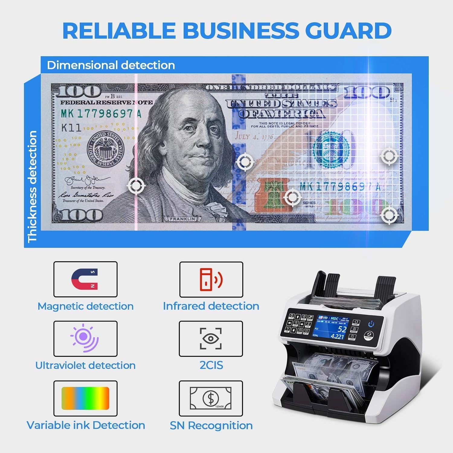MUNBYN Bank Grade Money Counter Machine Mixed Denomination, Value Counting, Serial Number, Multi Currency, PC/Printer Enabled 11 Counterfeit Detection Cash Counter Machine with Bill Recognizes : Office Products