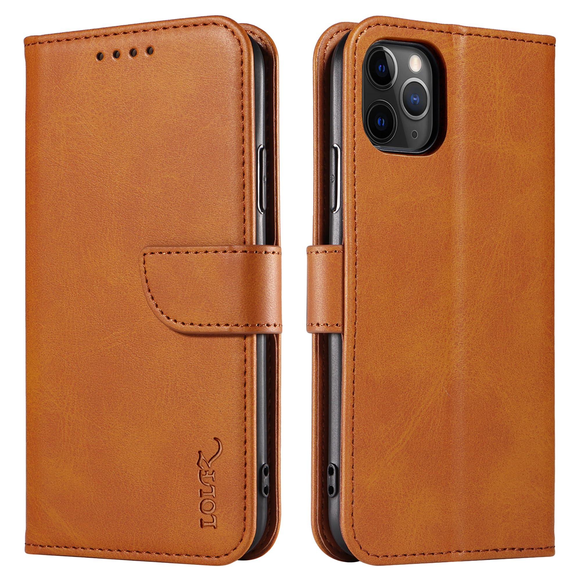 LOLFZ Wallet Case for iPhone 11 Pro Max, Vintage Leather Book Case with Card Holder Kickstand Magnetic Closure Flip Case Cover for iPhone 11 Pro Max - Light Brown