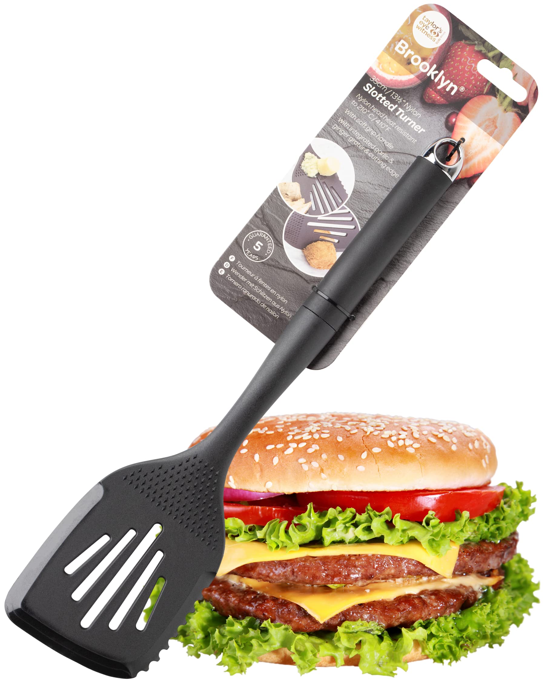 Nylon Head Slotted Turner Tool - Non-Scratch Spatula for Non-Stick Pans, Soft Grip Handle, Inbuilt Grater for Garlic & Ginger, with Serrated Cutting Edge. 3 in 1 Kitchen Utensil. 5 Year Guarantee