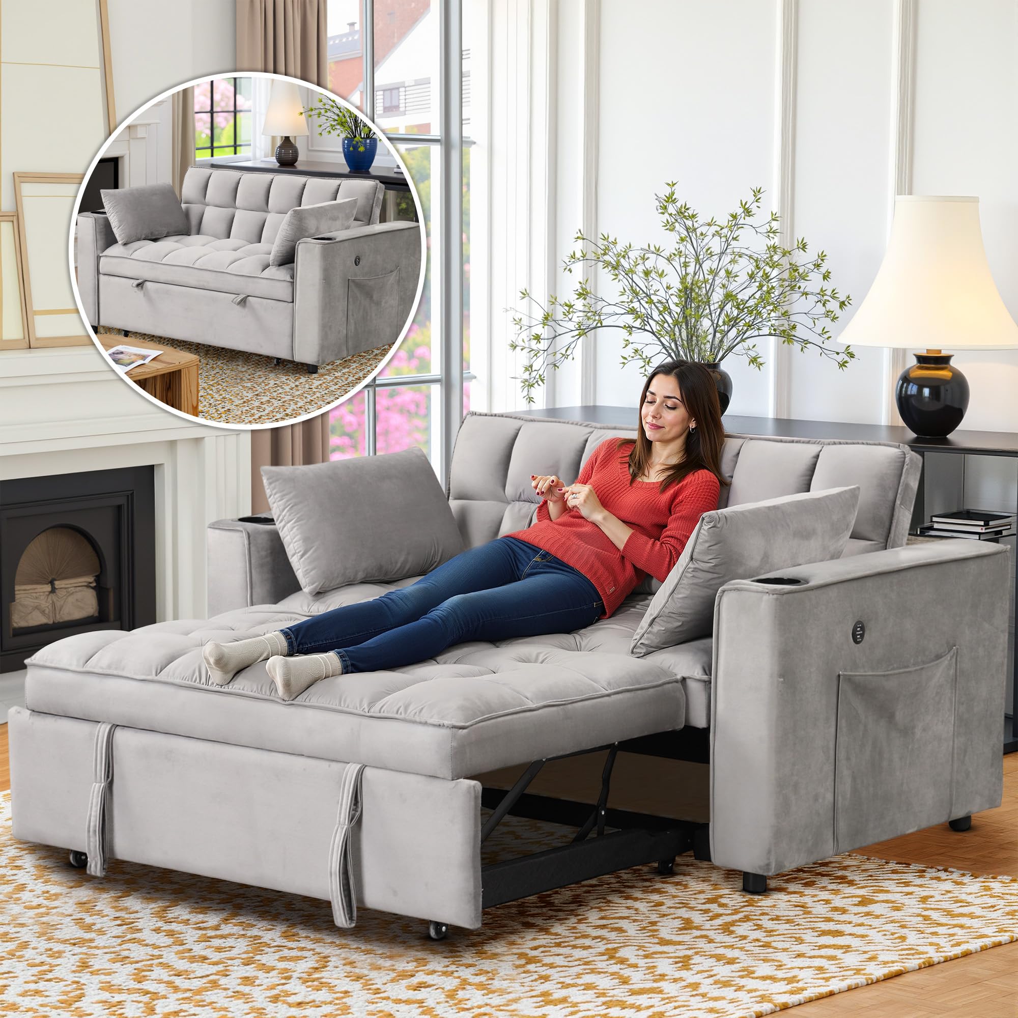 Photo 1 of **SELLING FOR PARTS. ONE BOX OF TWO. DIRT**Lyngins 3 in 1 Convertible Sleeper Sofa Bed, 58 Inch Pull Out Couch for Living Room Loveseat Sofa Couch Bed with USB Ports & Side Pockets, Adjustable Backrest for Apartment, Bedroom, Velvet, Gray