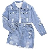 BEAUDRM Girl's 2 Piece Denim Clothing Sets Ripped Raw Hem Denim Jacket with Mini Skirts