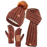 Womens Beanie Hat Scarf Gloves Set, Soft Fleece Lined Winter Hat with Pom Pom, Long Knit Scarf Neck Warmer Touchscreen Gloves for Cold Weather, 3 in 1 Warm Set(F08) Dark Orange