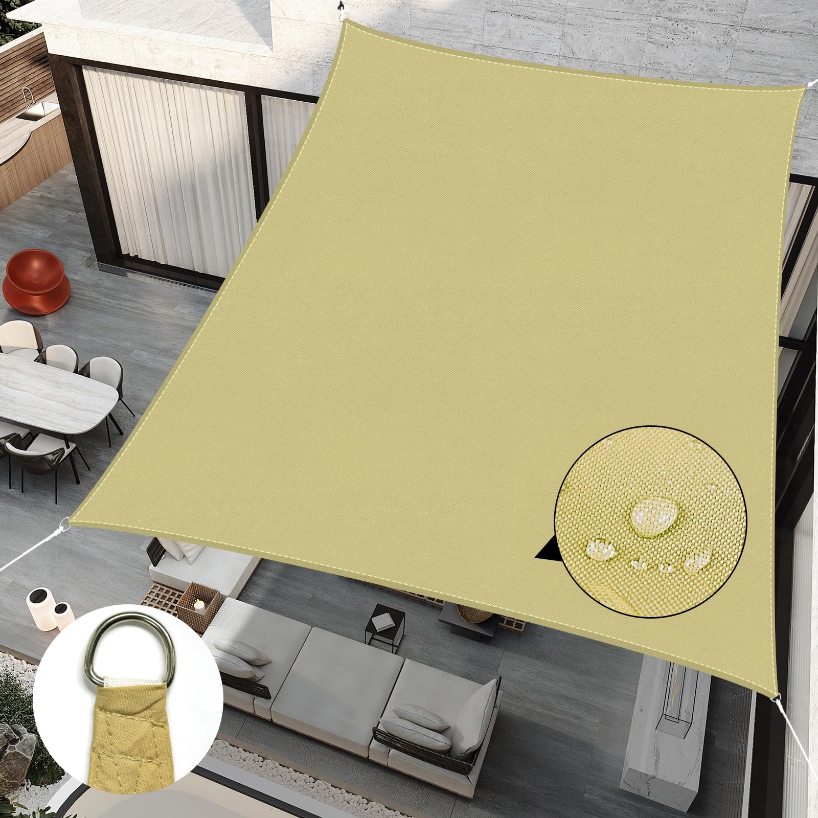 RICHIE Sun Shade Sail Square 2m x 2m Waterproof, 98% UV Block Awnings for Patios with Free Rope, Sunscreen Awning Canopy, Garden Shelter for Outdoor Garden Patio Yard Lawn Party, Sandy