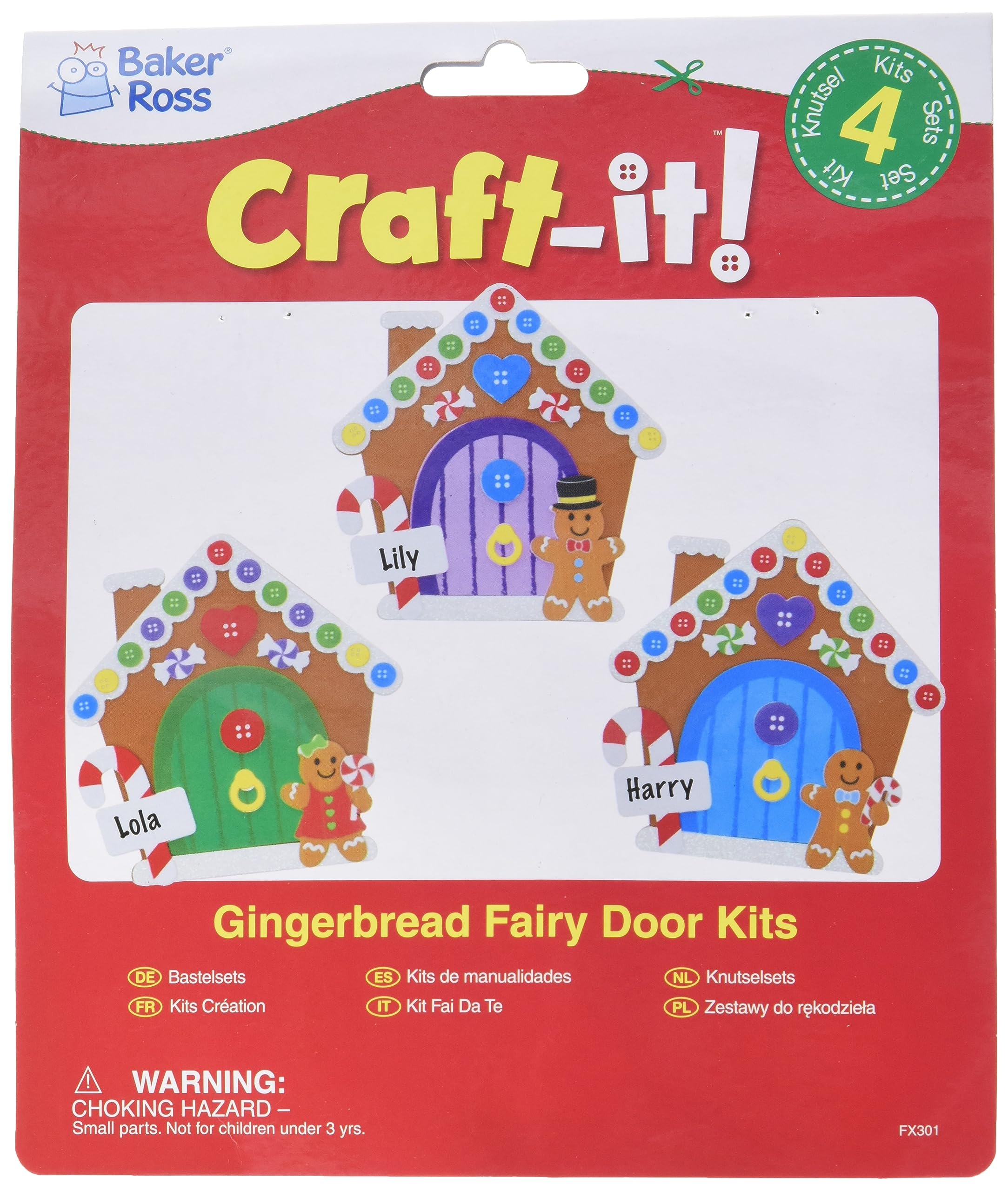 Baker Ross FX301 Gingerbread House Fairy Door Kits - Pack of 4, Christmas Decoration Craft Kit for Kids, Kids Foam Sticker Craft Kit