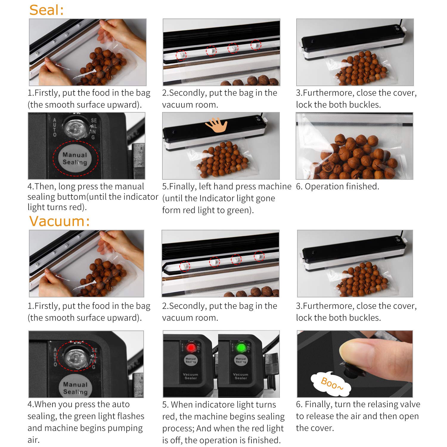 Vacuum Sealer, Sunvito Electric Automatic Food Sealer Machine with Premium Seal Bags for Meat, Eggs, Vegetables, Fruit Storage, Black