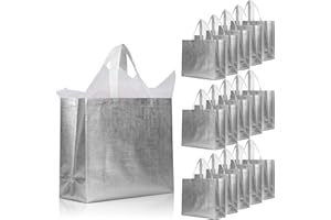 cabzymx 16 Pcs Glossy Silver Reusable Gift Bags, Metallic Bling Design Holiday Gift Bag with Handles & Bases, Non-woven Goodie Bags Bulk for Birthday, Wedding, Parties, Graduation- 12.6x4.7x11 In