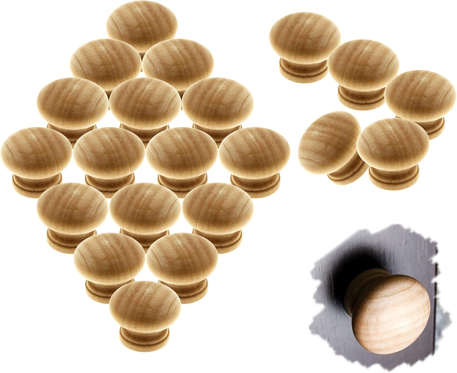 YINETTECH 20X 32mm Wooden Cabinet Knob Mushroom Shaped Pre-Drilled Cupboard Drawer Wardrobe Door Pull Handle, Natural Wood Color - Image 3