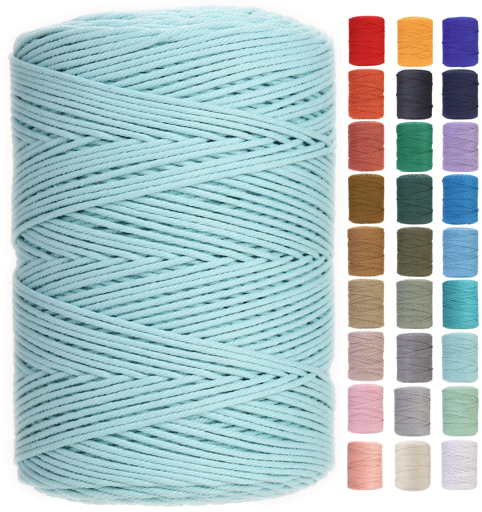 GOHOF Macrame Cord 3mm x 450m Premium Cotton Rope, 4 Strand Twisted Soft for Art Without Chemicals (Cyan) — image 1