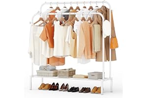 JOISCOPE Double Rods Portable Garment Rack for Hanging clothes, 43.7 * 55.5 Inch Metal Clothing Rack with Bottom Shelves and 4 Hooks,Freestanding Clothes Rack for Bedroom,Space Saving, White