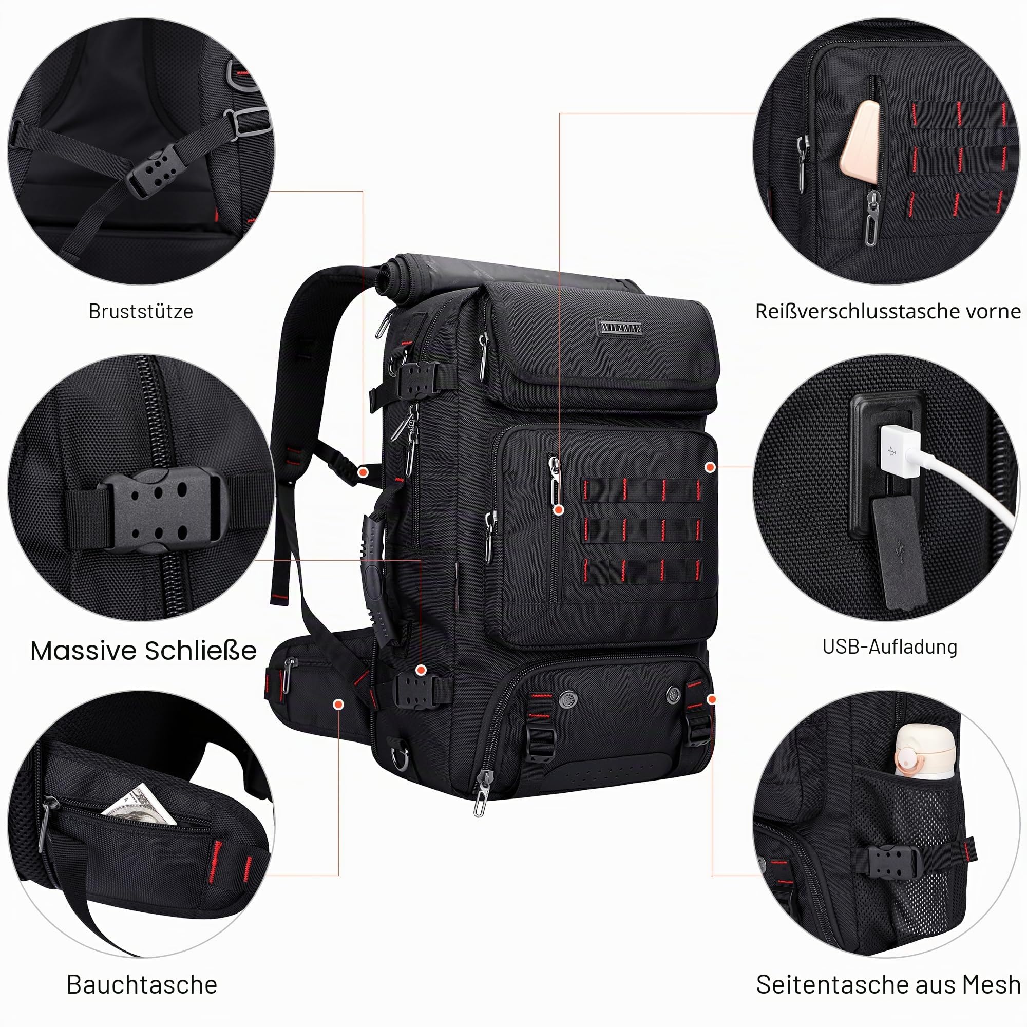 WITZMAN Reiserucksack Herren Groß Nylon Laptop Rucksack Fit 16 Zoll Reiserucksack Reisetasche mit Schuhfach für Flugzeug Reise(B682 Schwarz) 8