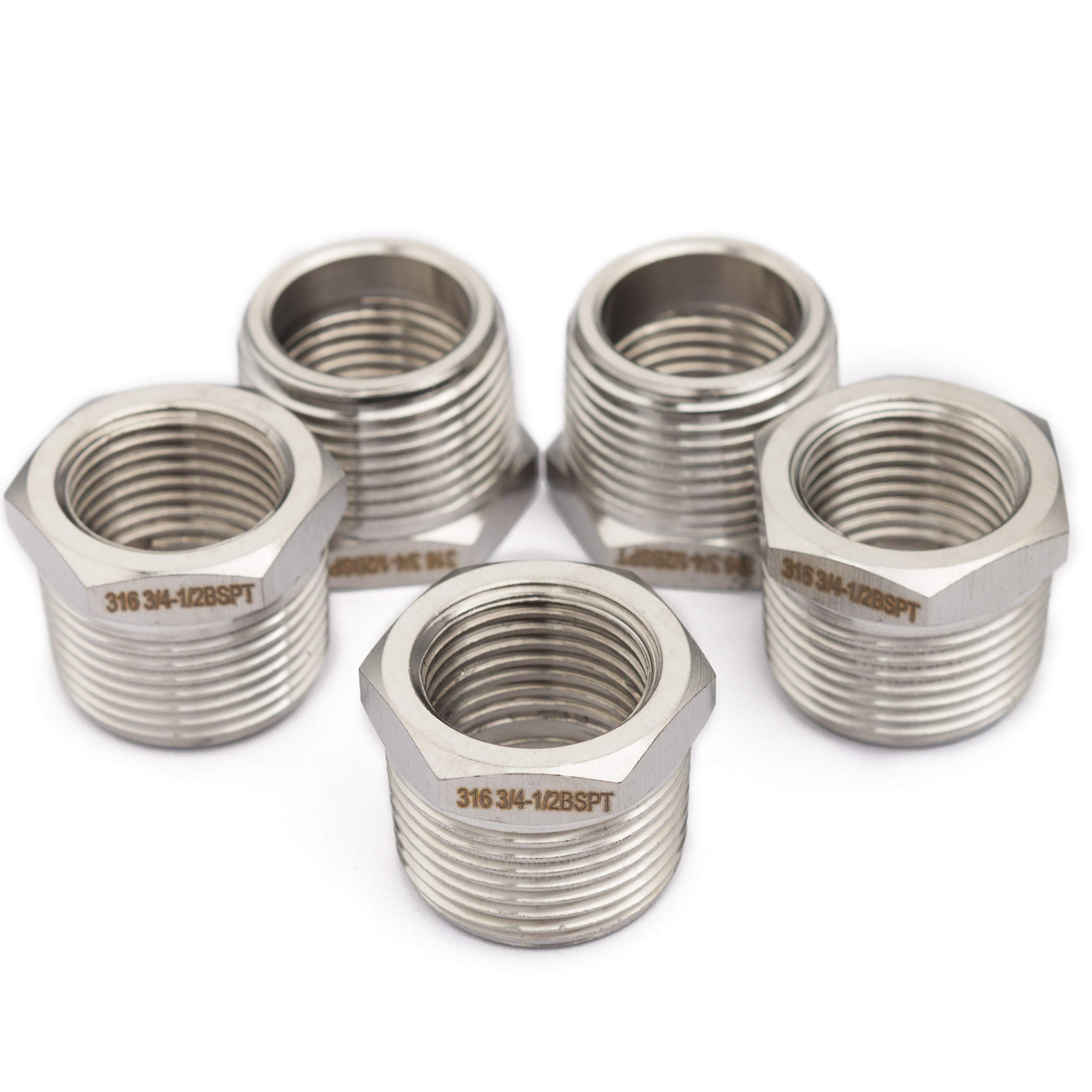 LTWFITTING Stainless Steel 316 Pipe 3/4" Female BSPP x 1/2" Male BSPT Adapter Fuel Gas Air (Pack of 5)