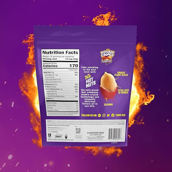 TAKIS FUEGO HOT NUTS 15.02 OZ SHARING SIZE RESEALABLE BAG, HOT CHILI PEPPER & LIME FLAVORED EXTREME SPICY DOUBLE-CRUNCH PEANUTS