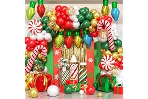 PTGOLUO 164Pcs Christmas Balloon Arch Garland Kit Xmas Red White Green Gold Latex Balloons Light Bulb Candy Cane Gift Box Foil Balloons Arch Kit for Christmas New Year Party Birthday Party Decorations