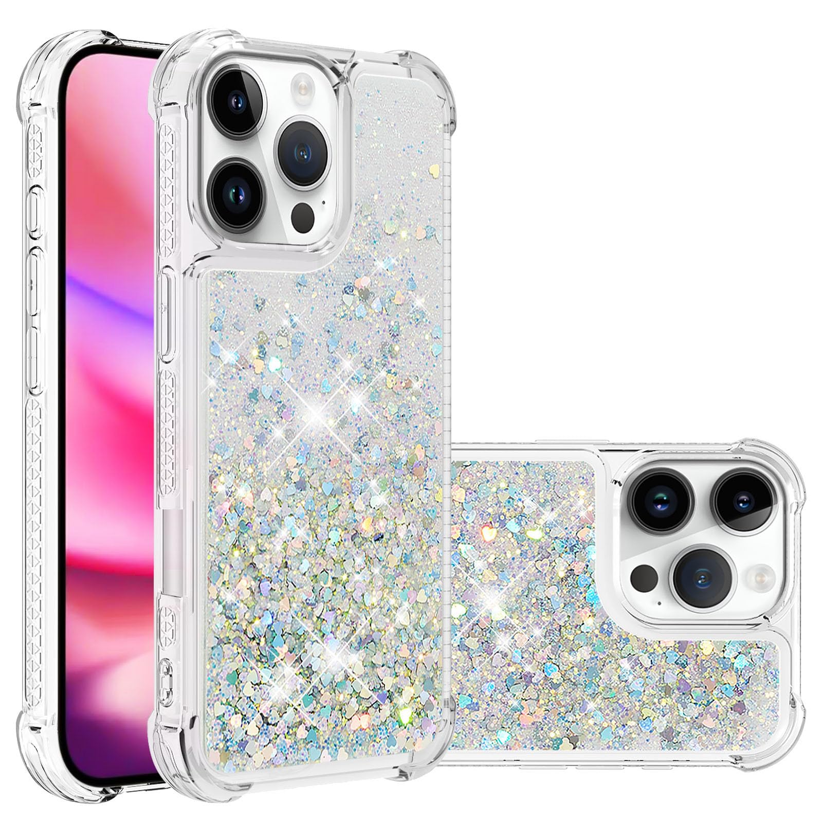 IMEIKONST Glitter Case for iPhone 16 Pro Max, Liquid Sparkle Quicksand Clear Transparent Sequin for Girls Slim TPU Bumper Silicone Shockproof Cover for iPhone 16 Pro Max. Love Silver YBW