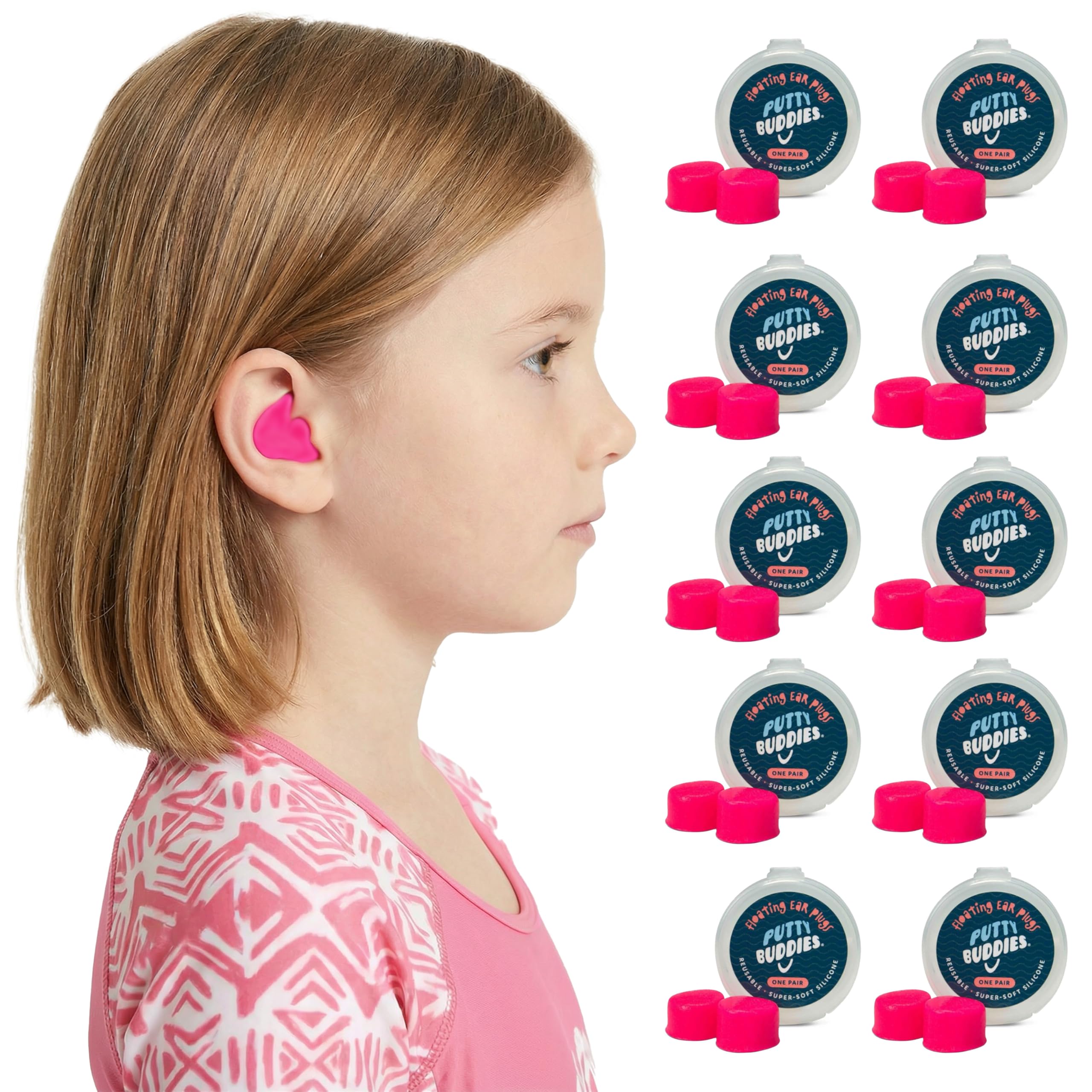 Putty Buddies Floating Earplugs for Swimming & Bathing (Invented by Physician) Keep Water Out (10-Pair) Hot Pink