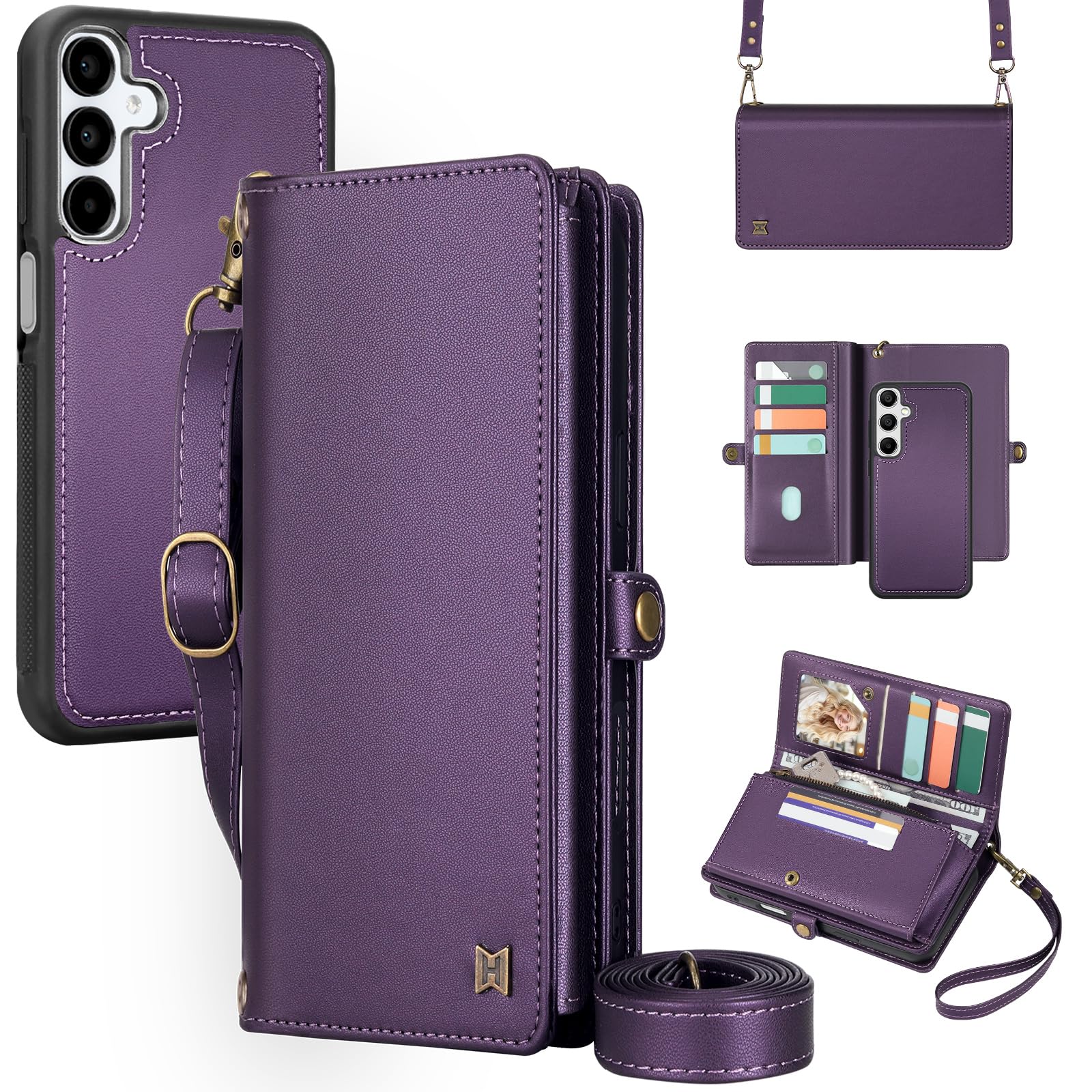 MEGSHI for Wallet Case Compatible with Samsumg Galaxy A15 Multi-Function Detachable 2 in 1 Magnetic Phone Case Wallet,Flip Strap Zipper Card Holder Phone Case with Shoulder Straps (Purple)