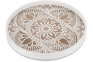 Hanobe Decorative Serving Tray Round: Farmhouse Coffee Table Decor Boho White Mandala Trays for Living Room Kitchen Centerpiece Display