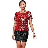 Womens Full Sequin Sparkle Tops Shimmer Glitter Round Neck Short Sleeve Shirt Summer Disco Party Tee Shirts Tunic Blouse