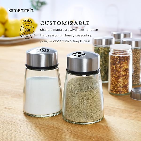 KAMENSTEIN SALT AND PEPPER FILLED GLASS SHAKERS WITH ROTATING SHIFTERS. FEATURES SWIVEL TOP WITH 4 SETTINGS- LIGHT SEASONING, HEAVY SEASONING, POUR, CLOSE, SET OF 2