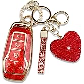 Simocky Key Fob Cover with Heart Keychain, Girly Car Key Shell Case for Women, Compatible with Ford Fusion Mustang F150 Edge Explorer Lincoln MKZ MKC MKX Smart Remote Key Protector (5 Buttons-Red)