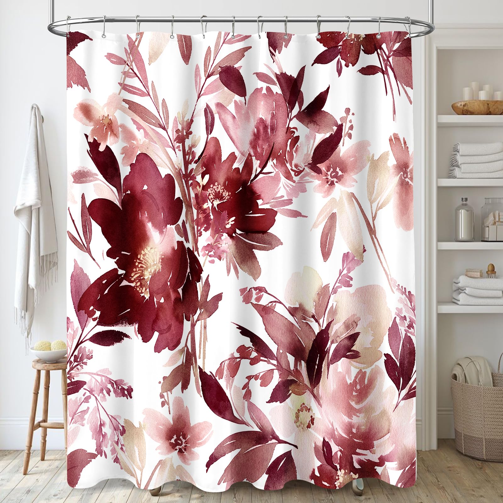 MAYZUS Extra Long Shower Curtain 72 x 96 Inch, Floor to Ceiling X-Long Tall Watercolor Floral Fabric Shower Curtain, Modern Abstract Burgundy Red Flower Bathroom Shower Curtain Set with Hooks Image