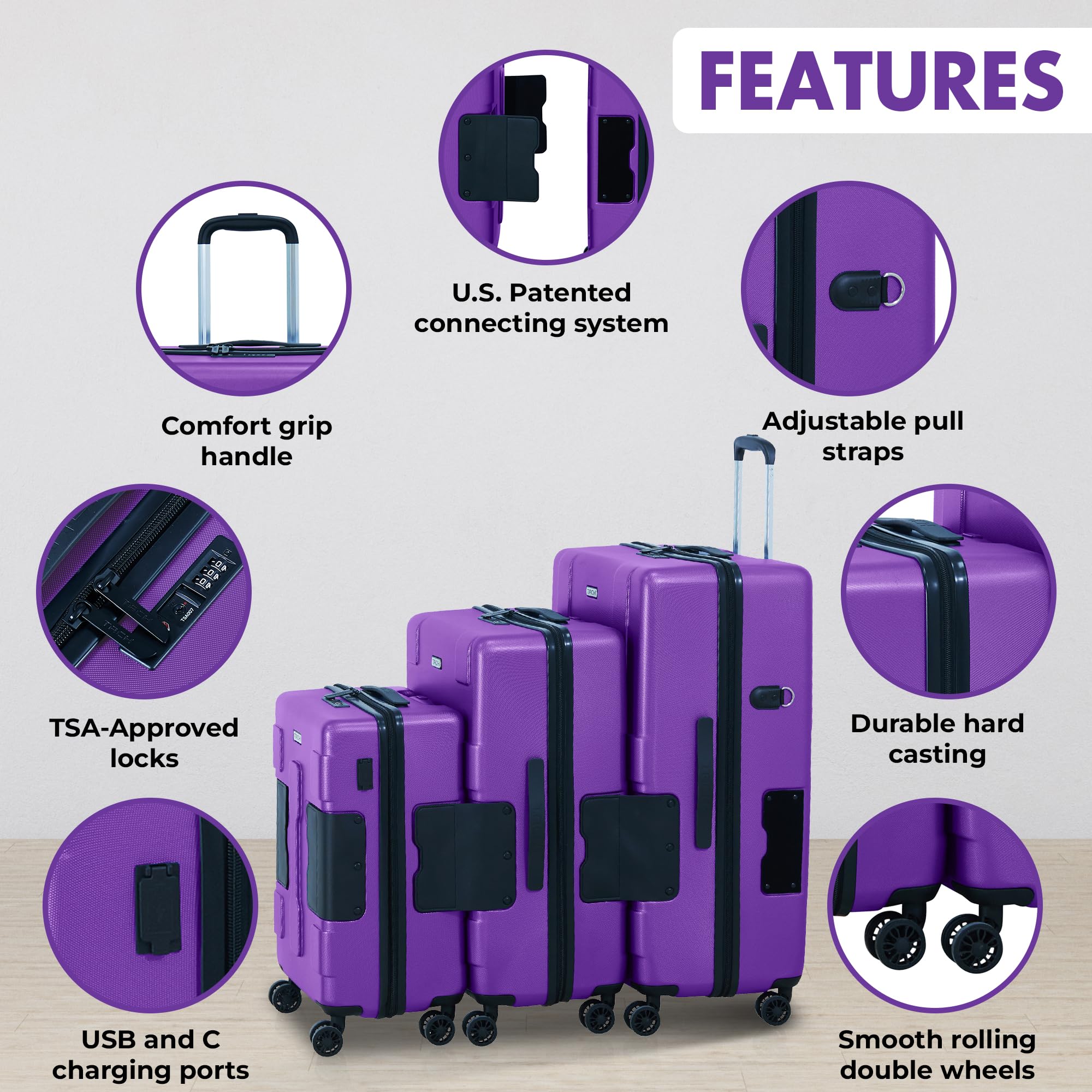 Tach V3.1 Hard Shell 3 Piece Luggage Set - 20, 24 & 28 inch Luggage | Carry On, Medium & Large Checked Suitcases | Patented Built-In Connecting System | Rolling Suitcase Links 9 Bags (Purple)