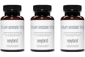Weyland Brain Nutrition: Lithium Orotate 10mg (3 Bottles), 180 Vegetarian Capsules, Lithium Supplement Supports Healthy Mood, Behavior, Memory and Wellness