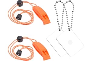 Eco-Fused 2X Survival Whistle and 2X Signal Mirror - Outdoor Survival Kit Rescue Flash Mirror - Clip-on Whistle with Lanyard - Backpacking, Camping, Marine Use, Outdoor Activities