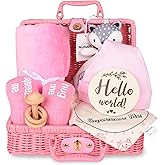 NUTUCH Newborn Baby Gift Set | Baby Gift Basket | Newborn Blanket, Wooden Teether, Security Blanket, Cap, Baby Bibs, Socks & Greeting Card (Pink)