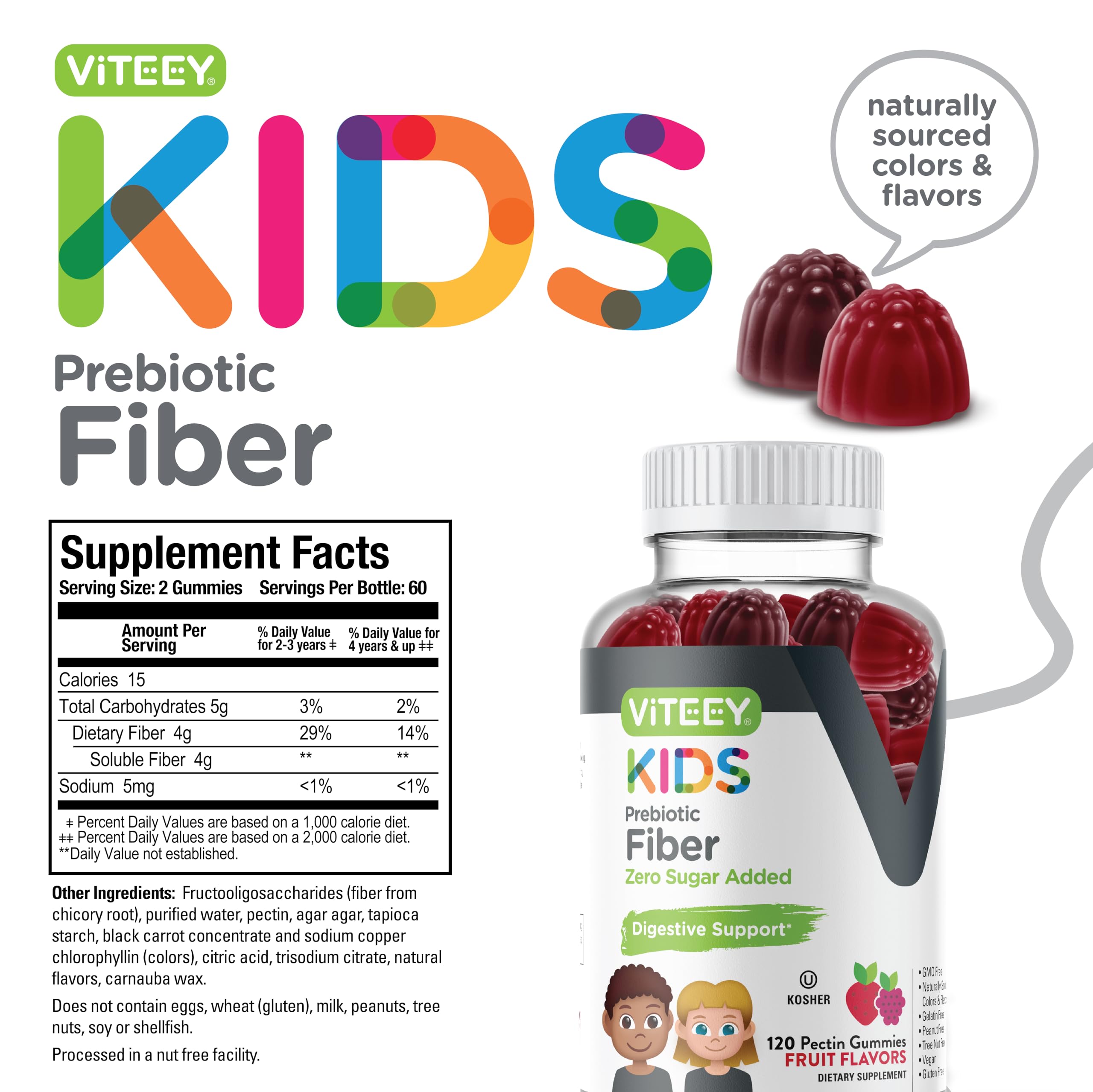 Viteey Prebiotic Kids Fiber for Constipation Relief, Digestive Health Regularity Support, Natural Weight Support - Fiber 4g, Zero Sugar Added, Vegan, Gluten Free - Tasty Chewable Fruit Flavored Gummy