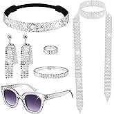 6 Pcs 70s Disco Accessories for Women Costume Jewelry Set Disco Earrings Ring Sequin Scarf Sunglasses Bracelet Headband