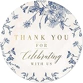 Mobiusea Creation Thank You for Celebrating with Us Stickers | Gold Foil Wedding Favor Stickers | 60pcs Waterproof 2" Vintage Blue Floral Labels for Baby Shower, Bridal Shower, Parties