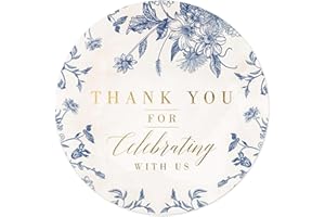 Mobiusea Creation Thank You for Celebrating with Us Stickers | Gold Foil Wedding Favor Stickers | 60pcs Waterproof 2" Vintage Blue Floral Labels for Baby Shower, Bridal Shower, Parties