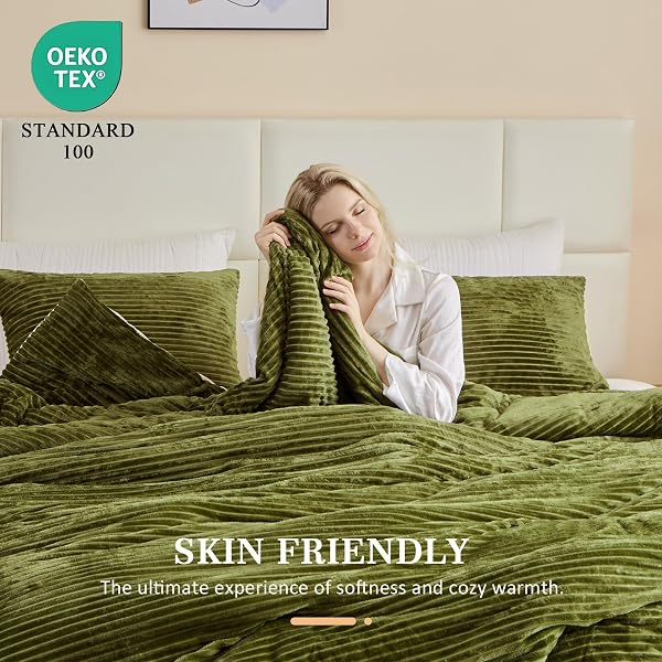FLUFFY VELVET COMFORTER SET KING 3 PIECES – SUPER SOFT & FUZZY OLIVER GREEN COMFORTER SET FOR WINTER WARM FLEECE BEDDING, 1 LUXURY COZY FAUX FUR DOWN ALTERNATIVE COMFORTER WITH 2 PILLOW CASES