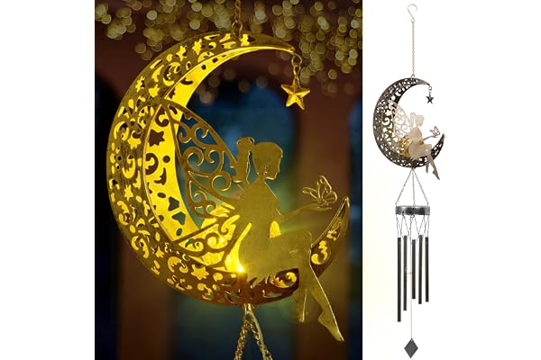 Fohil Solar Wind Chime, Moon Fairy Crackle Glass Ball LED Solar Powered Wind Chimes, Hanging Solar Light Outdoor Waterproof f