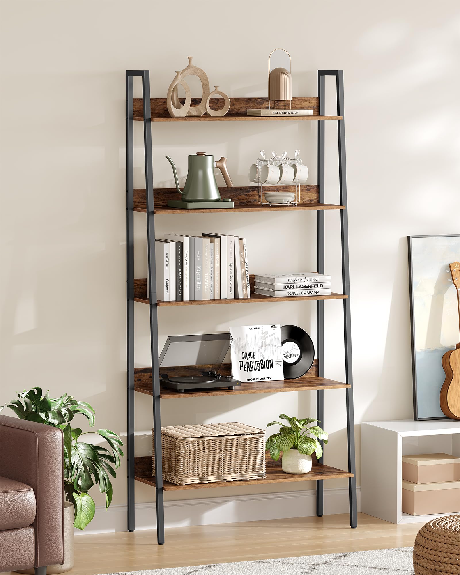 VASAGLE Bookshelf, 5-Tier Bookcase, 11.8 x 31.5 x 66.9 Inches, Ladder Shelf for Home Office, Living Room, Bedroom, Kitchen, Rustic Brown and Ink Black ULLS129B01