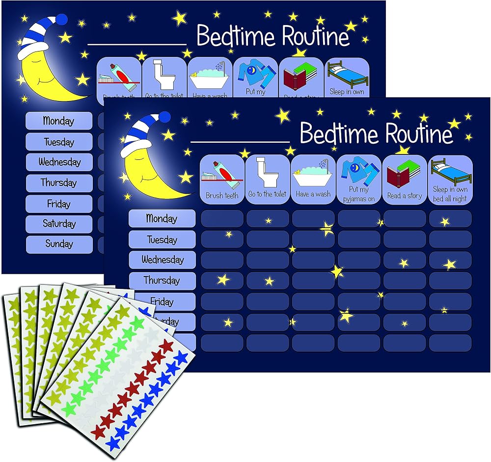 kids2learn Bedtime Routine Chart Twin Pack 2 Blue A4 Reward Stickers for Sleep