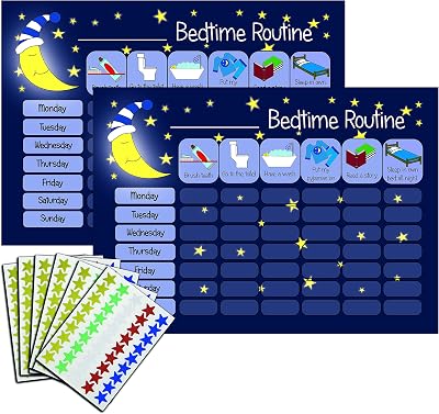 kids2learn Bedtime Routine Chart Twin Pack 2 Blue A4 Reward Stickers for Sleep