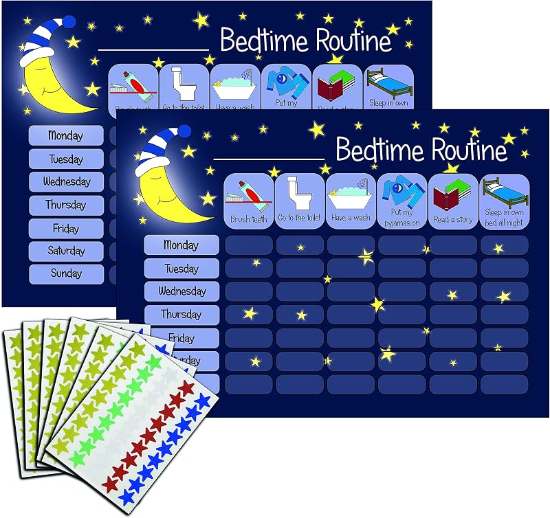 kids2learn Bedtime Routine Chart Twin Pack 2 Blue A4 Reward Stickers for Sleep