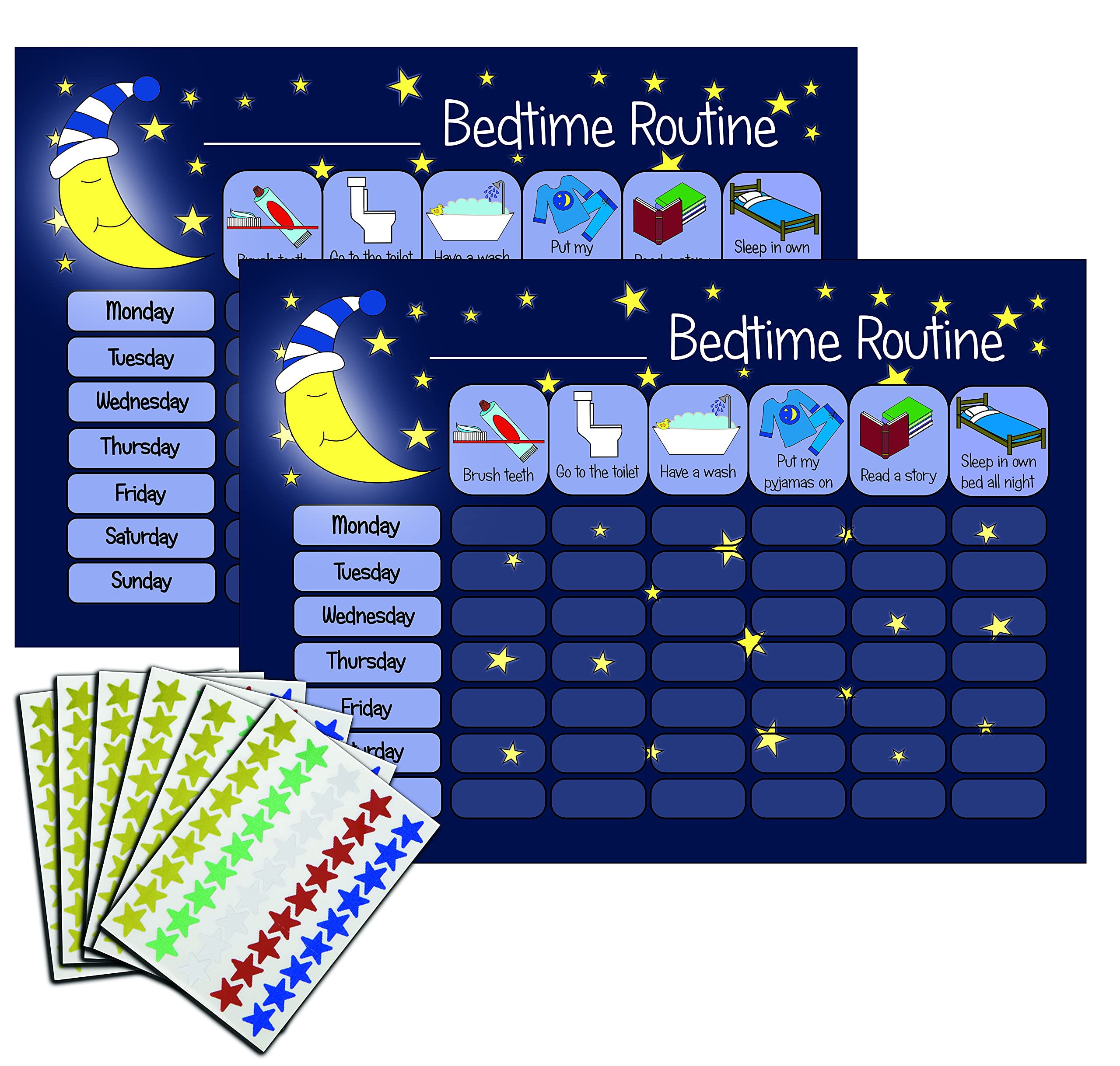 kids2learn Children's Bedtime Routine Chart Reward Chart for Sleep Training Twin Pack (2 x Dark Blue) for boys girls toddlers With 270 Star Reward Stickers Included