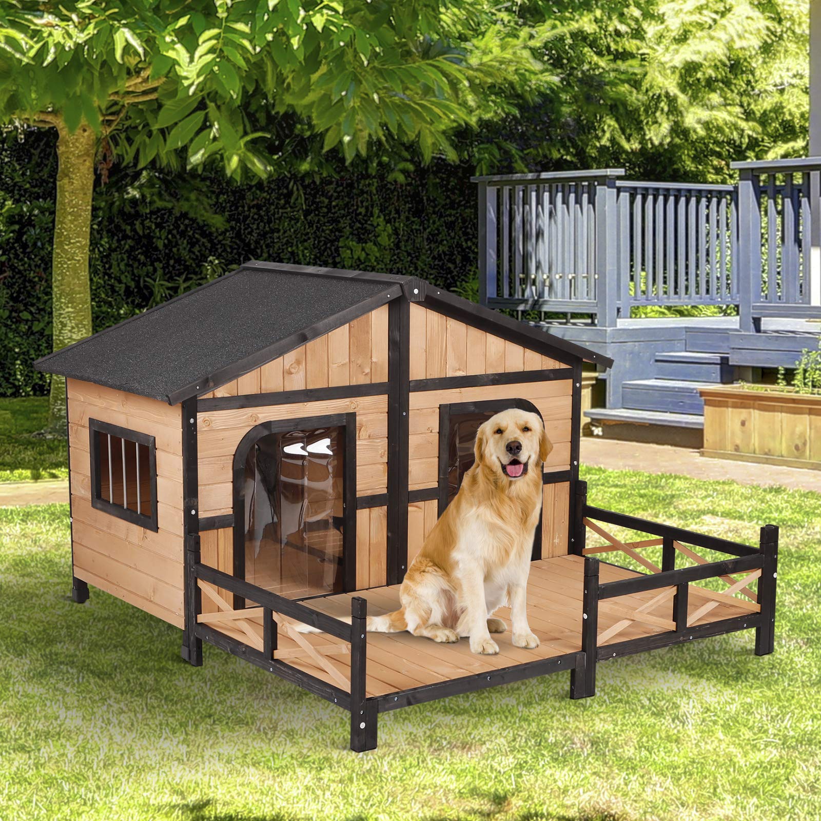 PawHut Wooden Large Dog House, Perfect for The Porch or Deck and Includes Bottom Slide-Out Tray, 59" L
