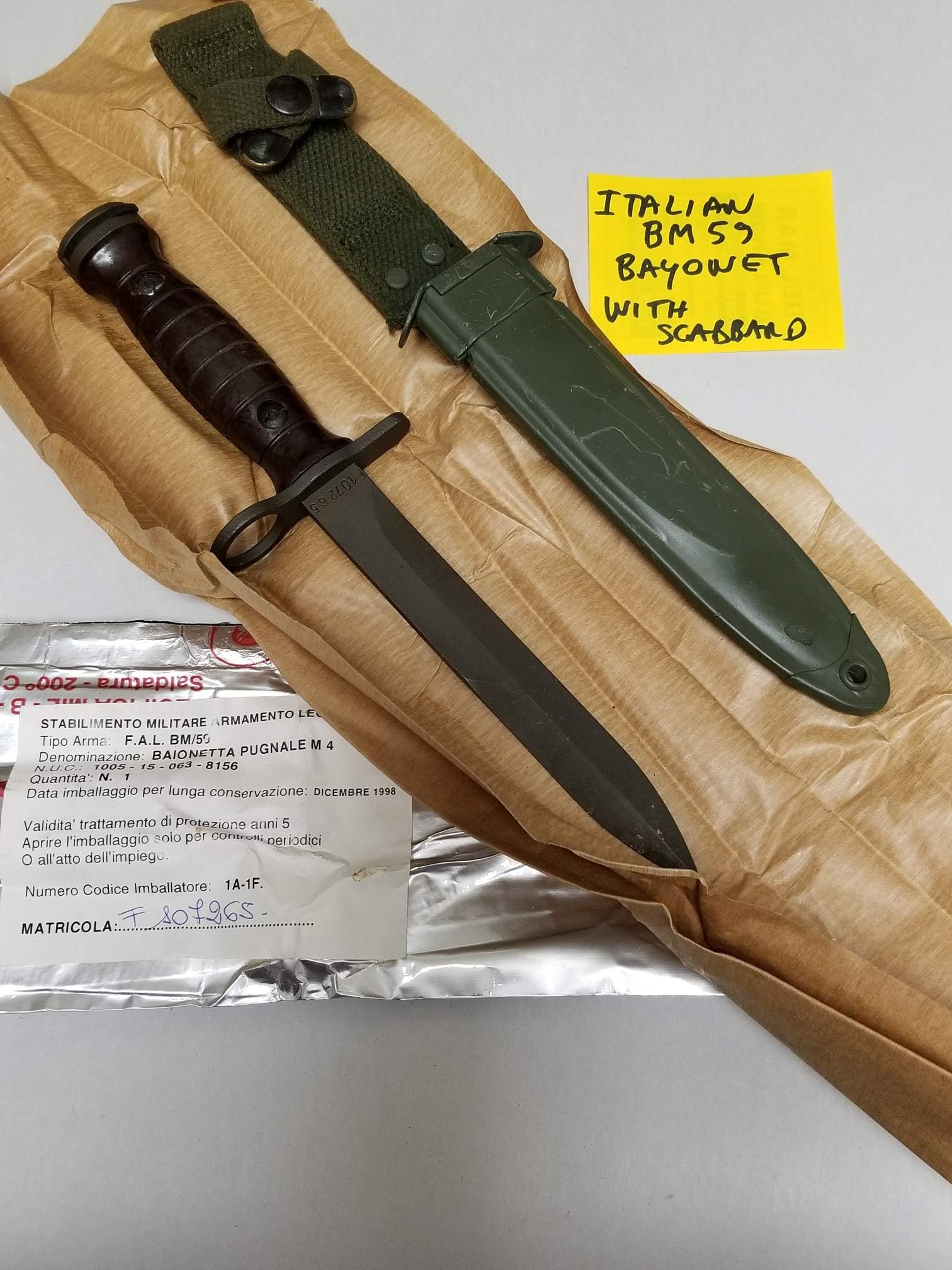 Super Deal! Beretta MOD. 59 Bayonet with Scabbard. Northridge International Inc.