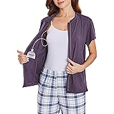 Deyeek Mastectomy Shirts with Drain Pockets Post Shoulder Surgery Tops for Women Chemo Port Short Sleeve with Zippers