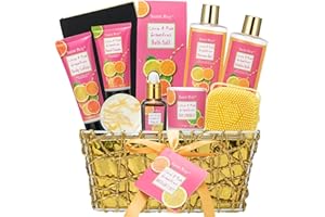 SAINT ROY Bath & Body Gift Set, Luxury Christmas Gifts for Women Citrus Pink Grapefruit Spa Kit Gift Woman, 11 Pcs Self Care Kit Gifts With Bubble Bath, Massage Oil, Bath Brush, Birthday Gifts for Women