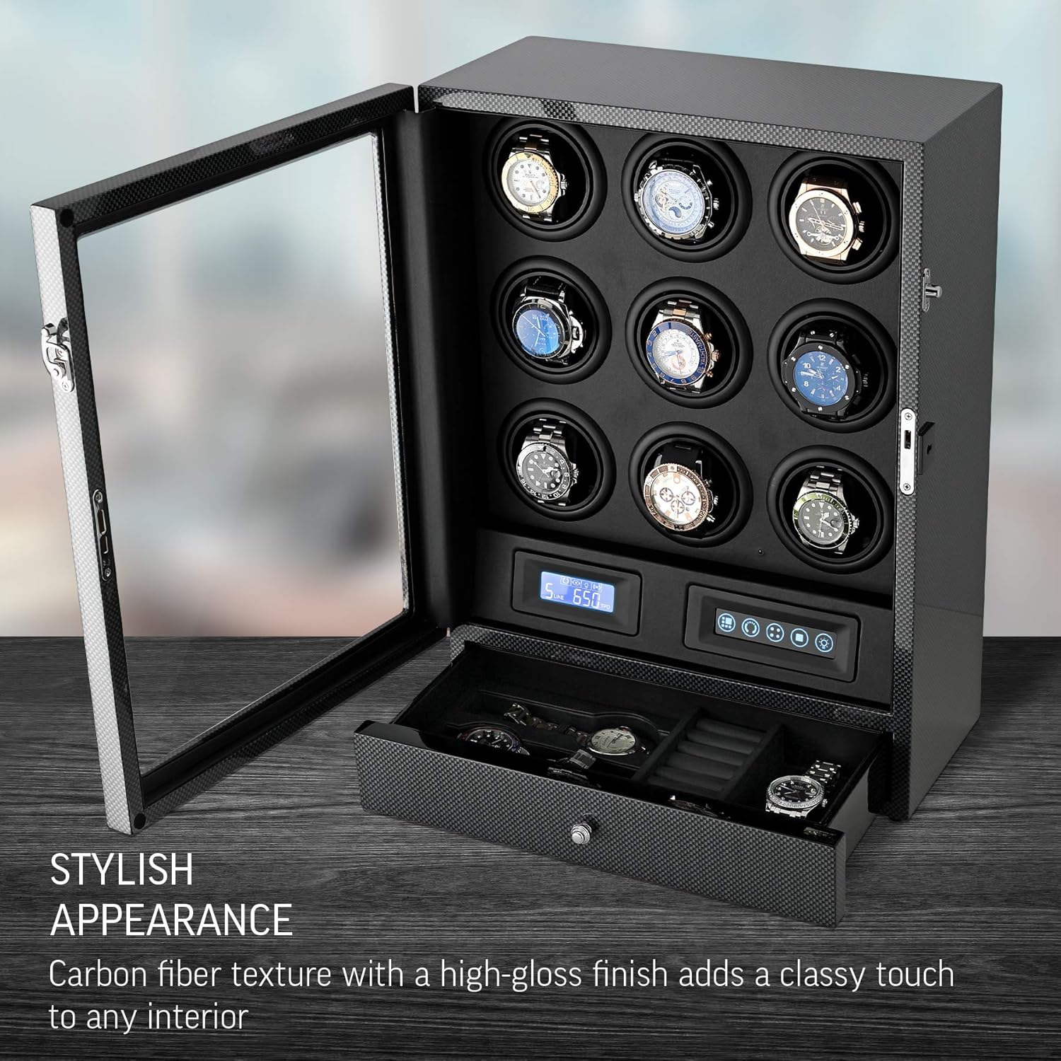 9 Watch Winder with LED Backlight, Remote Control, LCD Display and 2 Watches Storage Compartment (Carbon + Black): Watches