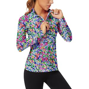 WOWENY Women's Long Sleeve Athletic Shirts Quarter Zip Pullover Collared T-Shirt Workout Print Tennis Top