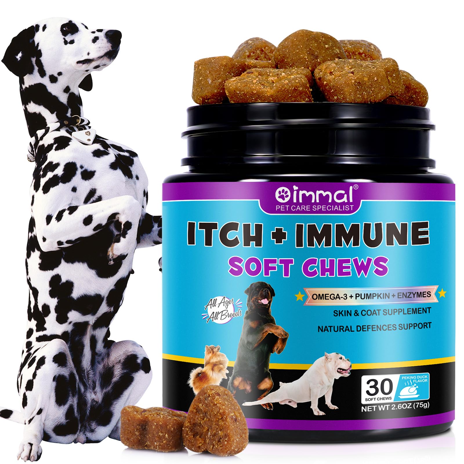 Itch and Immune Chews for Dogs, Pet Allergy Relief Immunity Treats, Dog Itchy Skin Relief & Coat Healthier Supplement, Stop Pawlicking, Anti Itch For All Breeds and Sizes - Peking Duck Flavor, 30pcs
