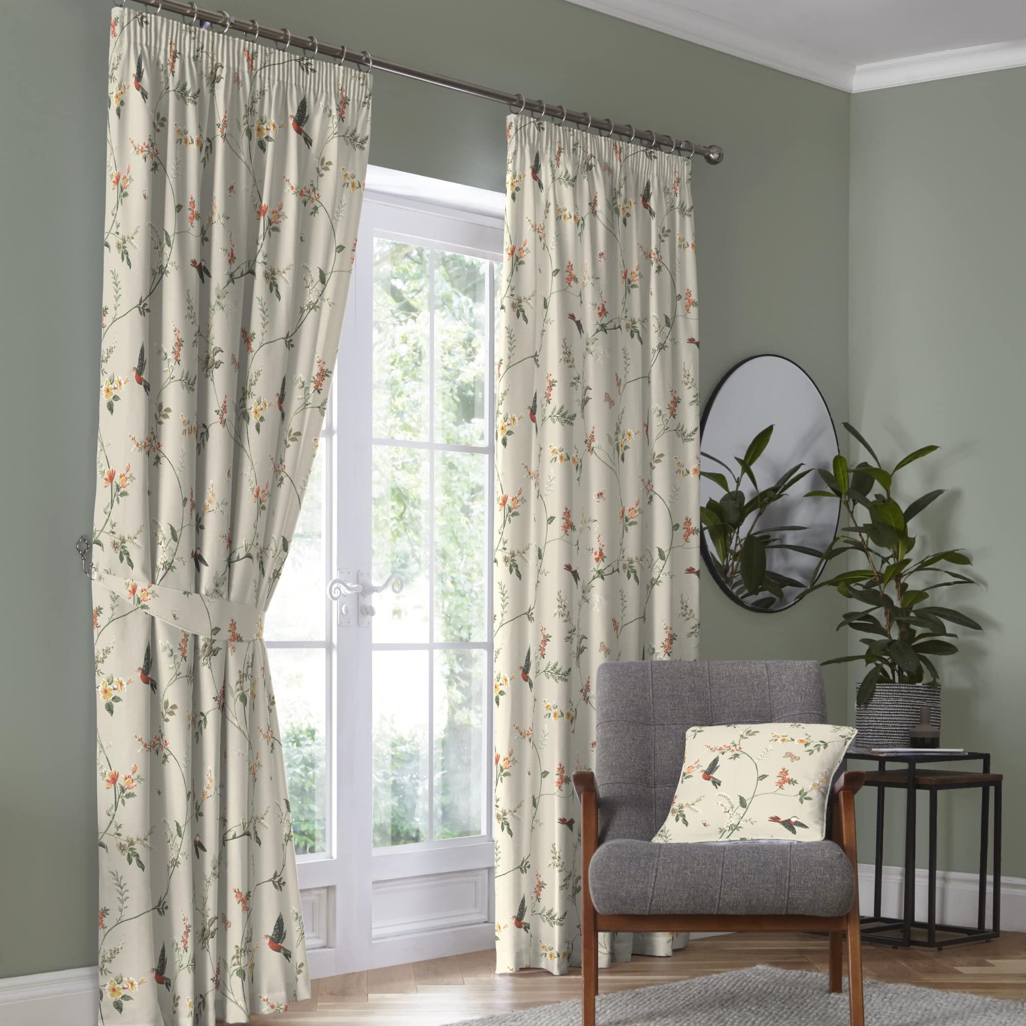 Dreams & Drapes - Natural Floral & Bird Curtains W66 x L54" (168 x 137cm) - 2x Pencil Pleat Curtains - 2x Tie Backs - 100% Cotton - Botanical Curtains & Drapes for Bedroom - Garden Bird Curtains
